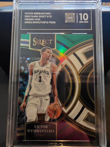 Wemby 2023 Panini Select #121 GREEN/WHITE/PURPLE PRIZM RC TAG 10 Gem Mint