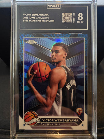 Wemby 2023 Topps Chrome #1 Blue Basketball Refractor RC TAG 8 NM MT